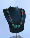Chunky Turquoise Necklace, Salmon Red Coral Necklace, Large Bead Gemstone Necklace, Old Untreated Mediterranean Coral, Blue Lapis Necklace