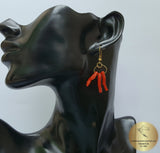 1st Cl Mediterranean Red Coral Branch Earrings, Unique Handcrafted Earrings, Untreated Coral Chandelier Earrings, Solid 14k Gold Earrings
