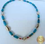Blue Turquoise Necklace, Turquoise and Red Coral Necklace, Natural Gemstone Necklace, Sterling Silver Necklace, Unique Natural Turquoise