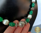 Beaded White Pearl Necklace, Green Aventurine Gemstone Necklace, Dubrovnik Filigree Ball Necklace, Croatian Traditional Jewelry, Sterling
