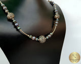 Beaded Black Pearl Necklace, Black Freshwater Pearl Necklace, Unique Pearl Wedding Jewelry, Sterling Silver Necklace, Silver Ball Necklace