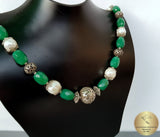 Beaded White Pearl Necklace, Green Aventurine Gemstone Necklace, Dubrovnik Filigree Ball Necklace, Croatian Traditional Jewelry, Sterling