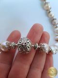 Large Beaded Pearl Necklace, Multi Color Freshwater Pearl Necklace, Floral Silver Ball Necklace, Unique Pearl Wedding Necklace, Sterling Slv