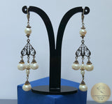 Long White Pearl Earrings, Unique Handmade Sterling Silver Filigree Earrings, Natural Freshwater Pearl Dangle Earrings, Chandelier Earrings