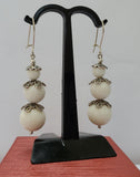 Sterling Silver Triple Beaded Earrings, White Coral Earrings, White Dangle Earrings, Simple White Stone Earrings, Natural Coral Jewelry