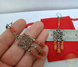 Large Coral Earrings, Long Coral Earrings, Statement Coral Earrings, Mediterranean Coral Chandelier Earrings, Sterling Silver Earrings