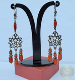 Large Coral Earrings, Long Coral Earrings, Statement Coral Earrings, Mediterranean Coral Chandelier Earrings, Sterling Silver Earrings