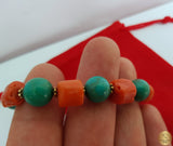Unique Statement Bracelet, Untreated Precious Old Mediterranean Coral Bracelet, Natural Turquoise Bracelet, Solid 14k Gold Bracelet - CroatianJewelryCraft