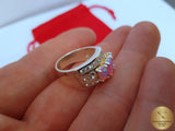 Fire Opal Ring w Zircon, Sterling Silver Ring, Colorful Ring, Pink Opal Ring, Rose CZ Ring, October Birthstone Ring, Women's Ring, Band Ring - CroatianJewelryCraft