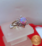Fire Opal Ring w Zircon, Sterling Silver Ring, Flower Ring, Pink Opal Ring, Rose CZ Ring, October Birthstone Ring, Women's Ring, Bezel Ring - CroatianJewelryCraft