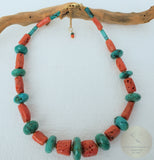 Unique Statement Necklace, Untreated Precious Old Mediterranean Coral Necklace, Natural Turquoise Necklace, Solid 14k Gold Necklace - CroatianJewelryCraft